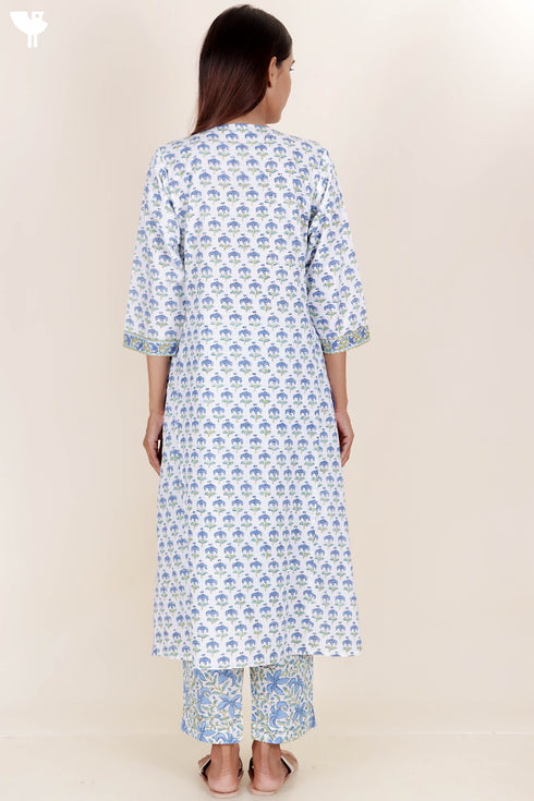 Cotton Kurta Pant And Dupatta Set In Block Print